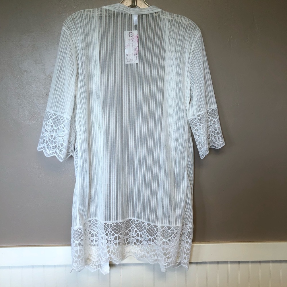 NWT sheer white lace trimmed open front top sexy cover up